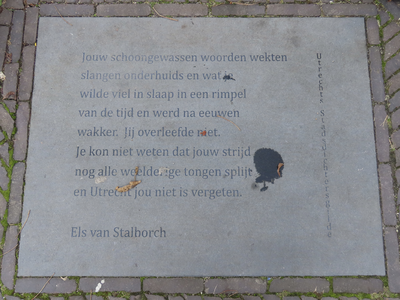 901995 Afbeelding van een natuursteen met een gedicht van Els van Stalborch met de tekst: 'Jouw schoongewassen woorden ...